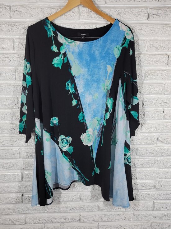 Alfani Tops - Alfani Asymmetric Tunic Womens 2X Black Blue Floral 3/4 Sleeve Casual FLO283E